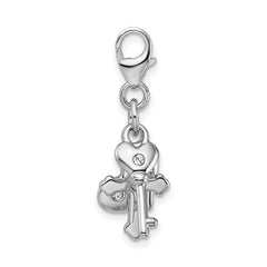Amore La Vita Sterling Silver Rhodium-plated Polished Heart Cross and Key with Crystal From Crystal Charm with Fancy Lobster Clasp