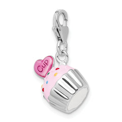 Amore La Vita Sterling Silver Rhodium-plated Polished 3-D Enameled Cupcake and Heart Charm with Fancy Lobster Clasp