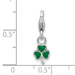 Amore La Vita Sterling Silver Rhodium-plated Polished 3-D Green Enameled Clover Charm with Fancy Lobster Clasp