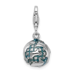 Amore La Vita Sterling Silver Rhodium-plated Polished 3-D Enameled World Globe Charm with Fancy Lobster Clasp