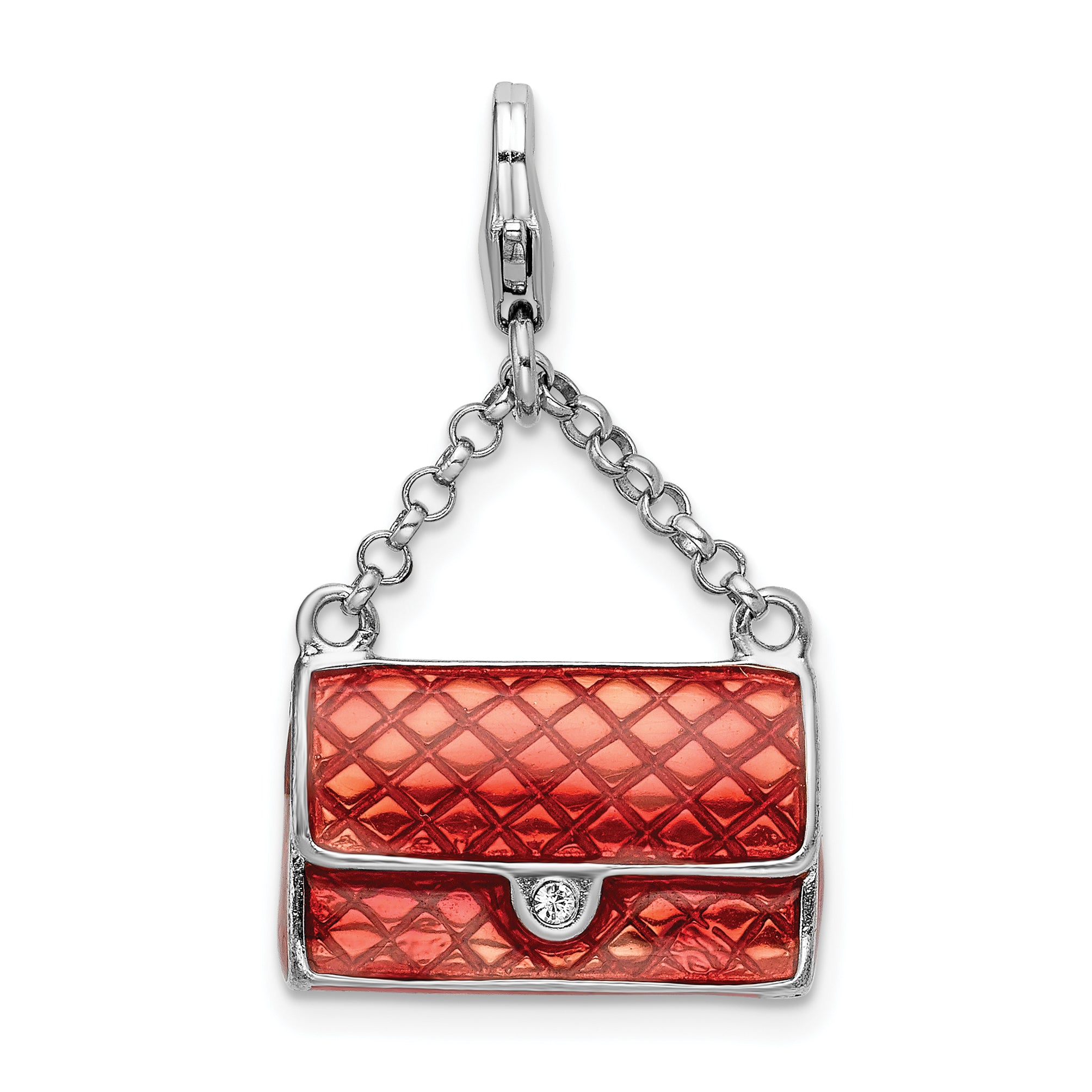 Amore La Vita Sterling Silver Rhodium-plated Polished 3-D Enameled with Swarovski Crystal Purse Charm with Fancy Lobster Clasp