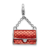 Amore La Vita Sterling Silver Rhodium-plated Polished 3-D Enameled with Swarovski Crystal Purse Charm with Fancy Lobster Clasp
