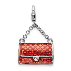 Amore La Vita Sterling Silver Rhodium-plated Polished 3-D Enameled with Swarovski Crystal Purse Charm with Fancy Lobster Clasp