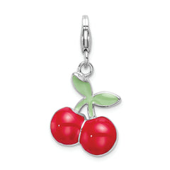 Sterling Silver RH Enameled 3-D Cherries With Lobster Clasp Charm