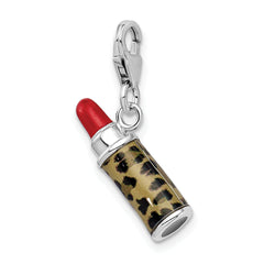 Amore La Vita Sterling Silver Rhodium-plated Polished 3-D Enameled Leopard Lipstick Charm with Fancy Lobster Clasp