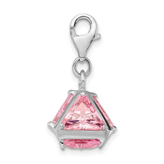 Amore La Vita Sterling Silver Rhodium-plated Polished 3-D Pink CZ Charm with Fancy Lobster Clasp