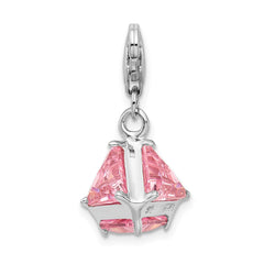 Amore La Vita Sterling Silver Rhodium-plated Polished 3-D Pink CZ Charm with Fancy Lobster Clasp