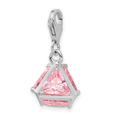 Amore La Vita Sterling Silver Rhodium-plated Polished 3-D Pink CZ Charm with Fancy Lobster Clasp