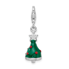 Amore La Vita Sterling Silver Rhodium-plated Polished 3-D Enameled Christmas Tree Charm with Fancy Lobster Clasp