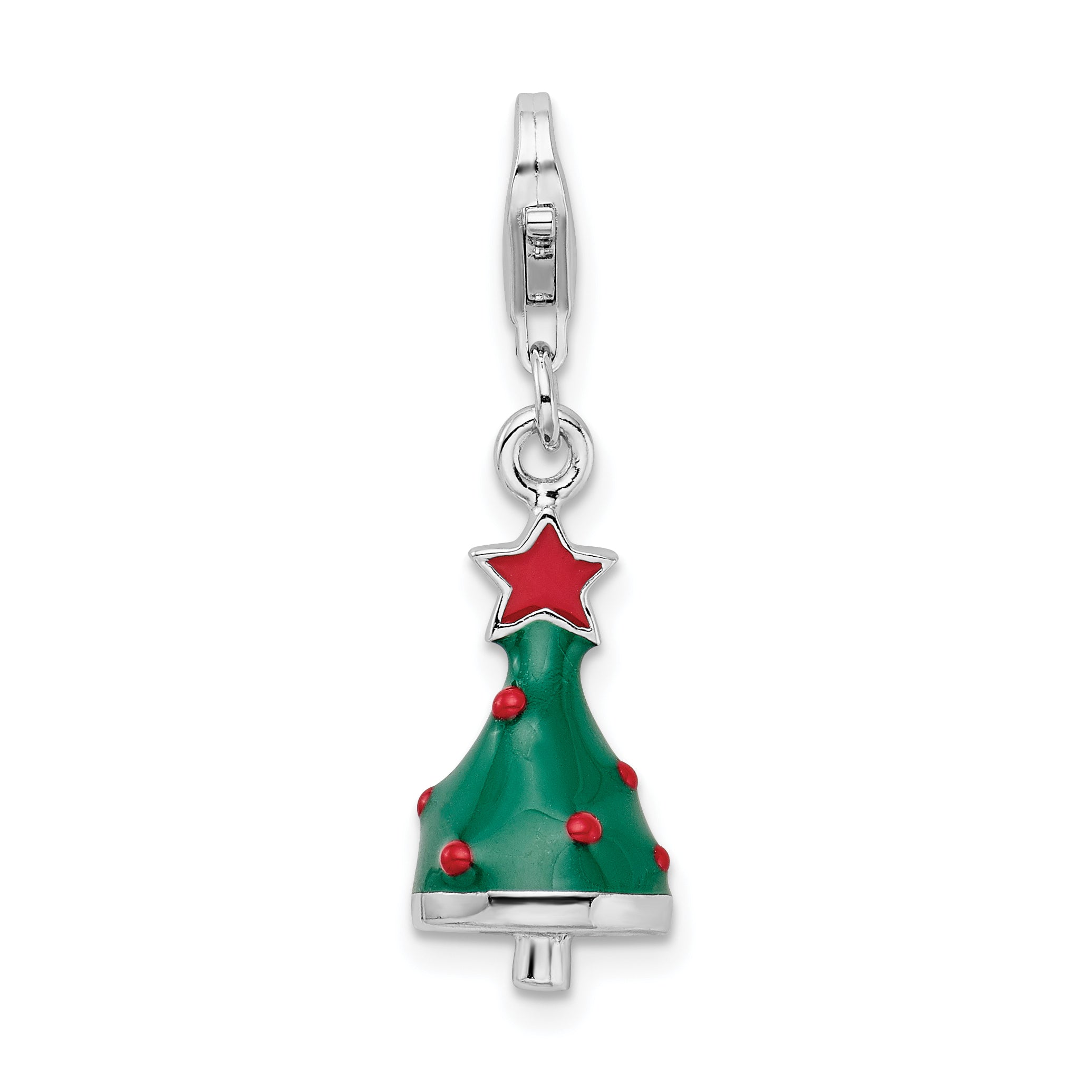 Amore La Vita Sterling Silver Rhodium-plated Polished 3-D Enameled Christmas Tree Charm with Fancy Lobster Clasp