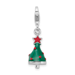 Amore La Vita Sterling Silver Rhodium-plated Polished 3-D Enameled Christmas Tree Charm with Fancy Lobster Clasp