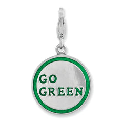 Amore La Vita Sterling Silver Rhodium-plated Polished 3-D Enameled Reversible Handprint GO GREEN Charm with Fancy Lobster Clasp