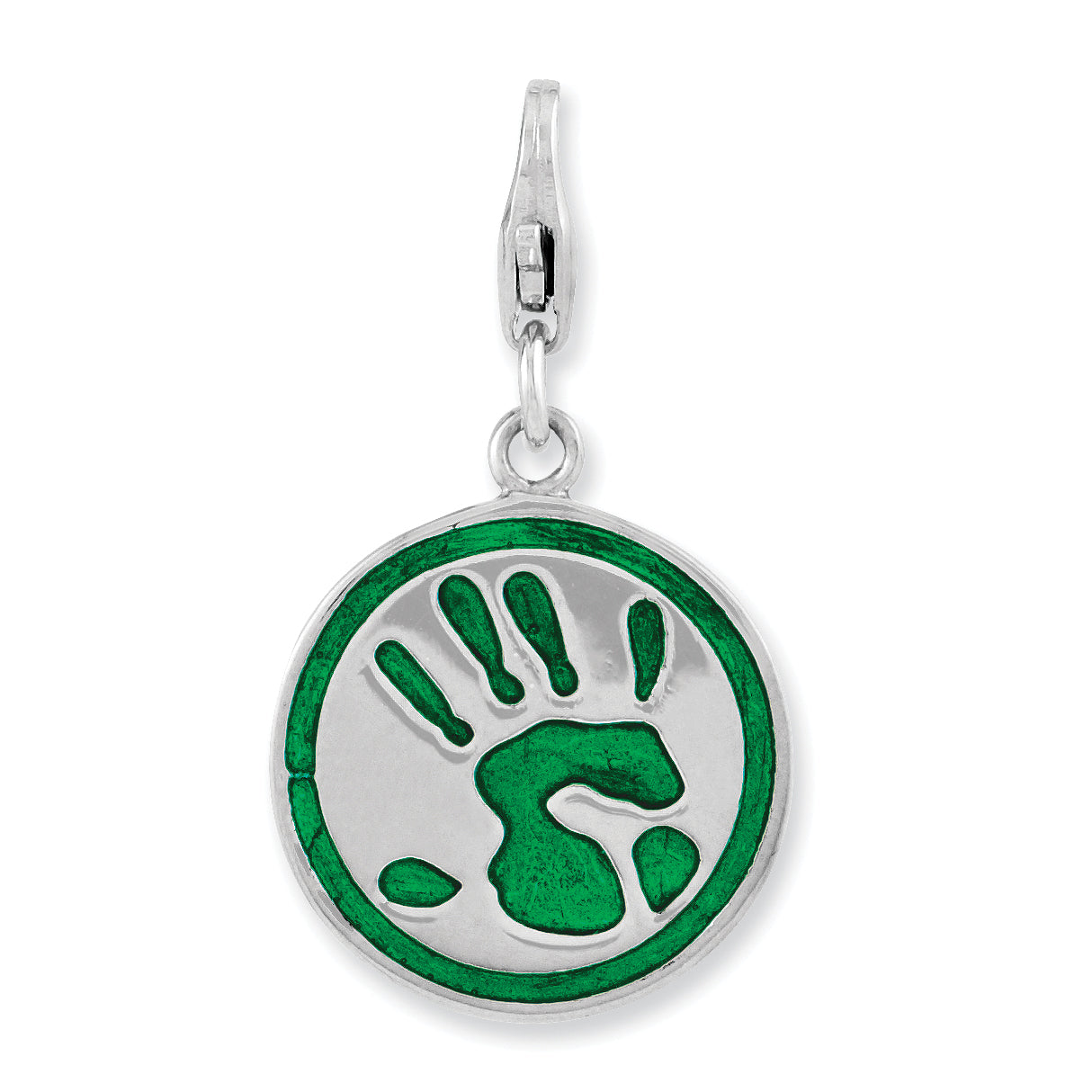 Amore La Vita Sterling Silver Rhodium-plated Polished 3-D Enameled Reversible Handprint GO GREEN Charm with Fancy Lobster Clasp