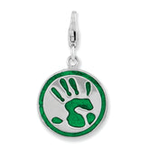 Amore La Vita Sterling Silver Rhodium-plated Polished 3-D Enameled Reversible Handprint GO GREEN Charm with Fancy Lobster Clasp