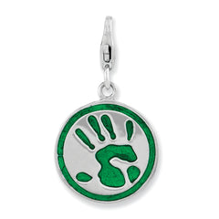 Amore La Vita Sterling Silver Rhodium-plated Polished 3-D Enameled Reversible Handprint GO GREEN Charm with Fancy Lobster Clasp