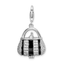 Sterling Silver Black Enameled CZ Handbag w/Lobster Clasp Charm