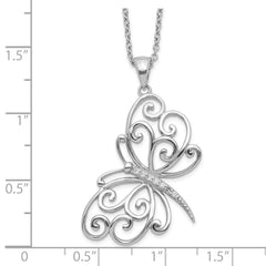 Sterling Silver CZ Butterfly Necklace with Polished Rhodium Finish