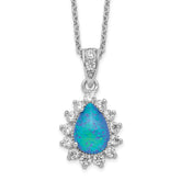 Cheryl M Sterling Silver Rhodium-plated Cabochon Lab Created Blue Opal and Brilliant-cut CZ Pear 18 Inch Necklace