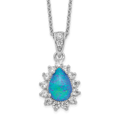 Cheryl M Sterling Silver Rhodium-plated Cabochon Lab Created Blue Opal and Brilliant-cut CZ Pear 18 Inch Necklace