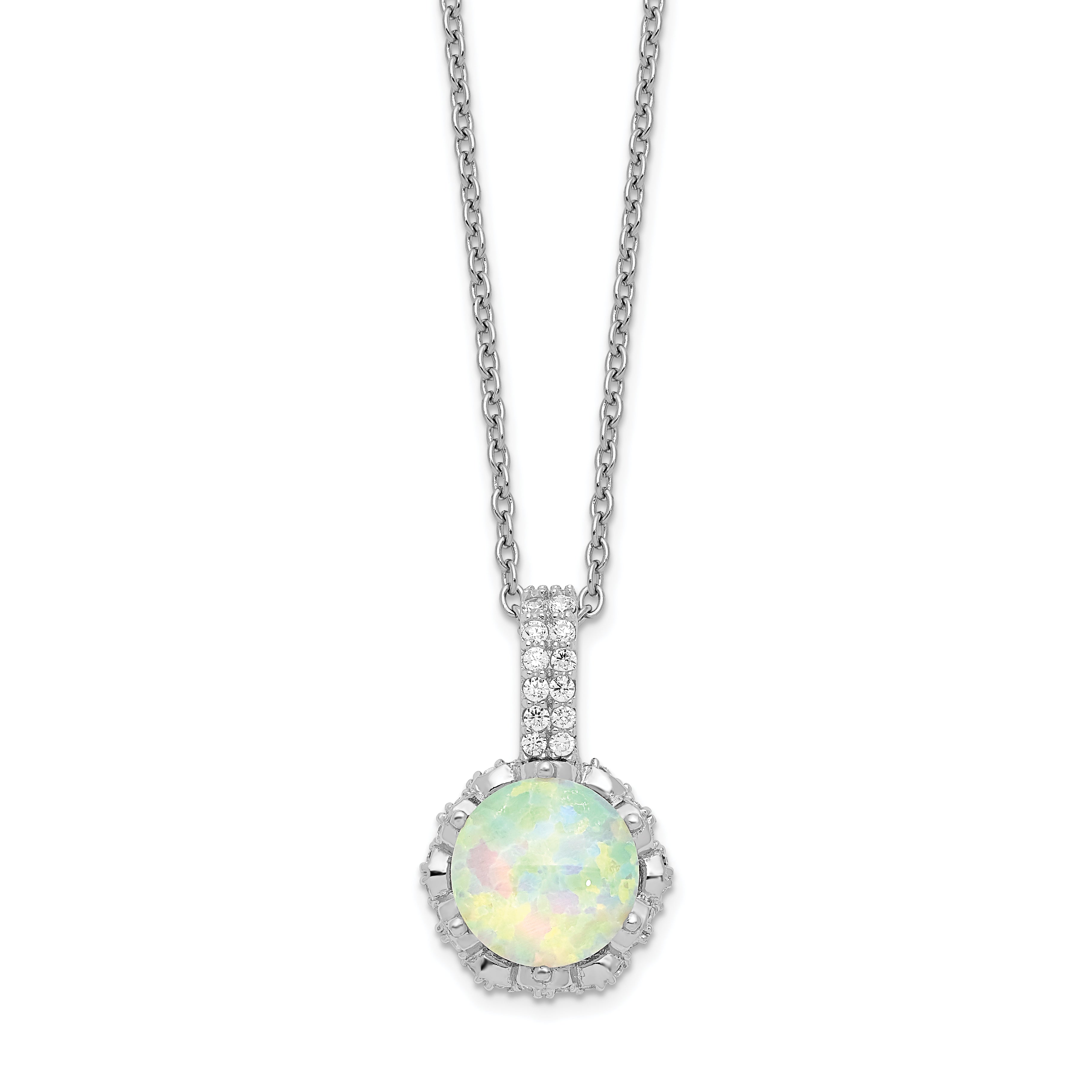 Cheryl M Sterling Silver Rhodium-plated Cabochon Lab Created Opal and Brilliant-cut CZ 18.5 Inch Necklace