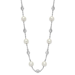 Cheryl 925 Sterling Silver CZ and Pearl Necklace with Polished Rhodium Finish