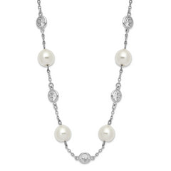 Cheryl M Sterling Silver Rhodium-plated Glass Pearl and Brilliant-cut CZ Bezel Station 18.25 Inch Necklace