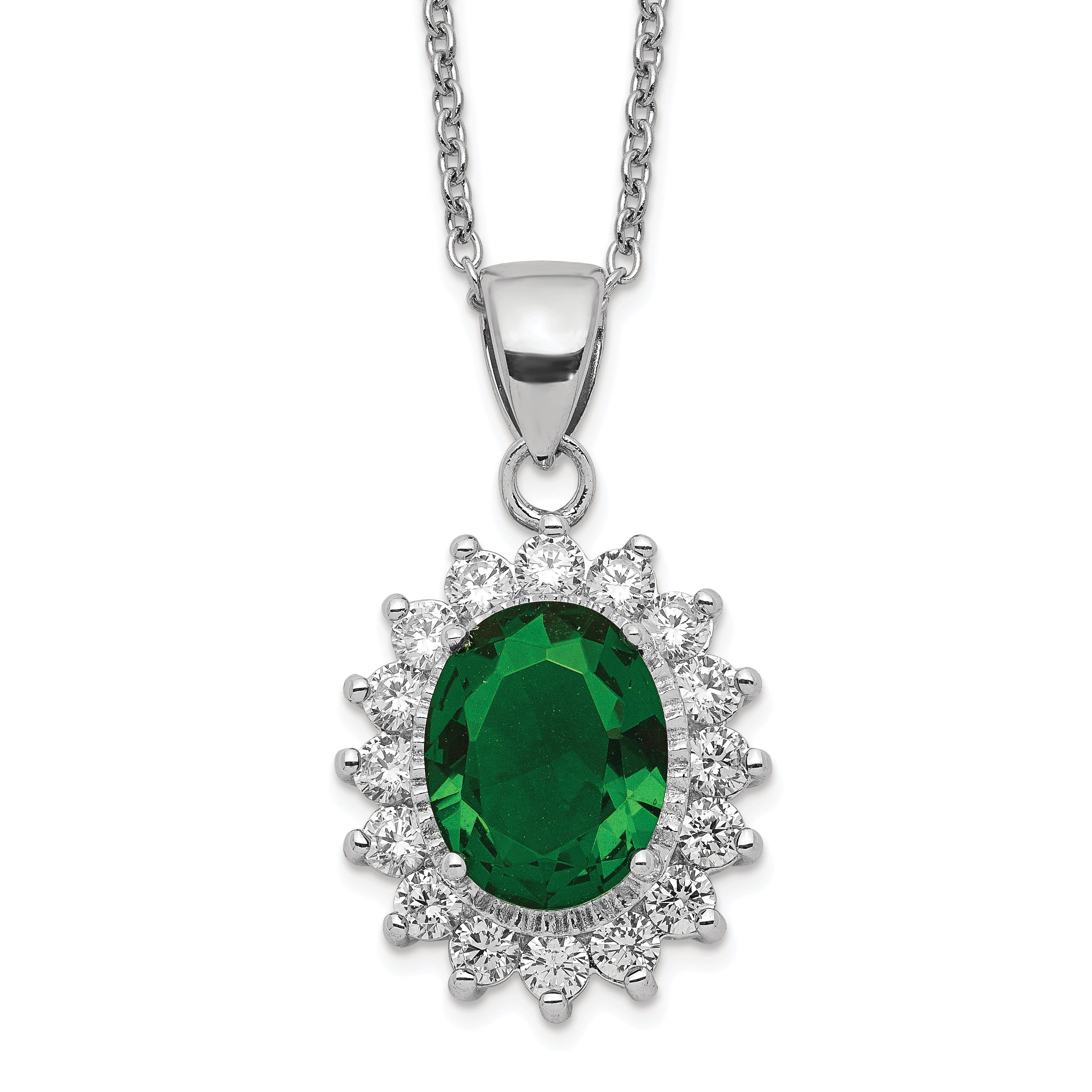 Cheryl M Sterling Silver Rhodium-plated Brilliant-cut Green Glass and Brilliant-cut White CZ Oval 18.25 Inch Necklace