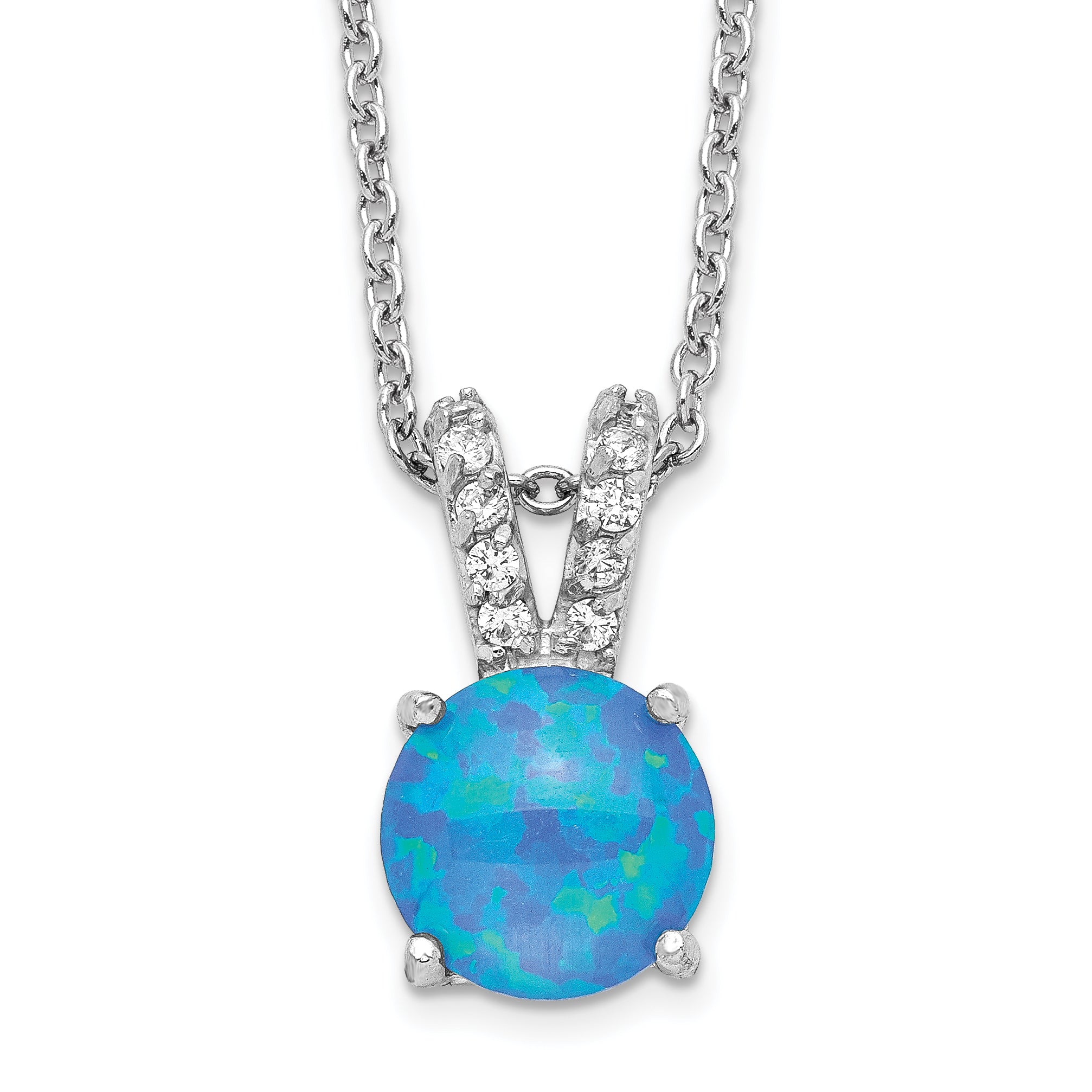 Cheryl M Sterling Silver Rhodium-plated Cabochon Lab Created Blue Opal and Brilliant-cut CZ Split Bail 18.5 Inch Necklace