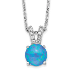 Cheryl M Sterling Silver Rhodium-plated Cabochon Lab Created Blue Opal and Brilliant-cut CZ Split Bail 18.5 Inch Necklace