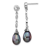 Cheryl M Sterling Silver Rhodium-plated Black Teardrop Freshwater Cultured Pearl and Brilliant-cut CZ Bezel Post Dangle Earrings