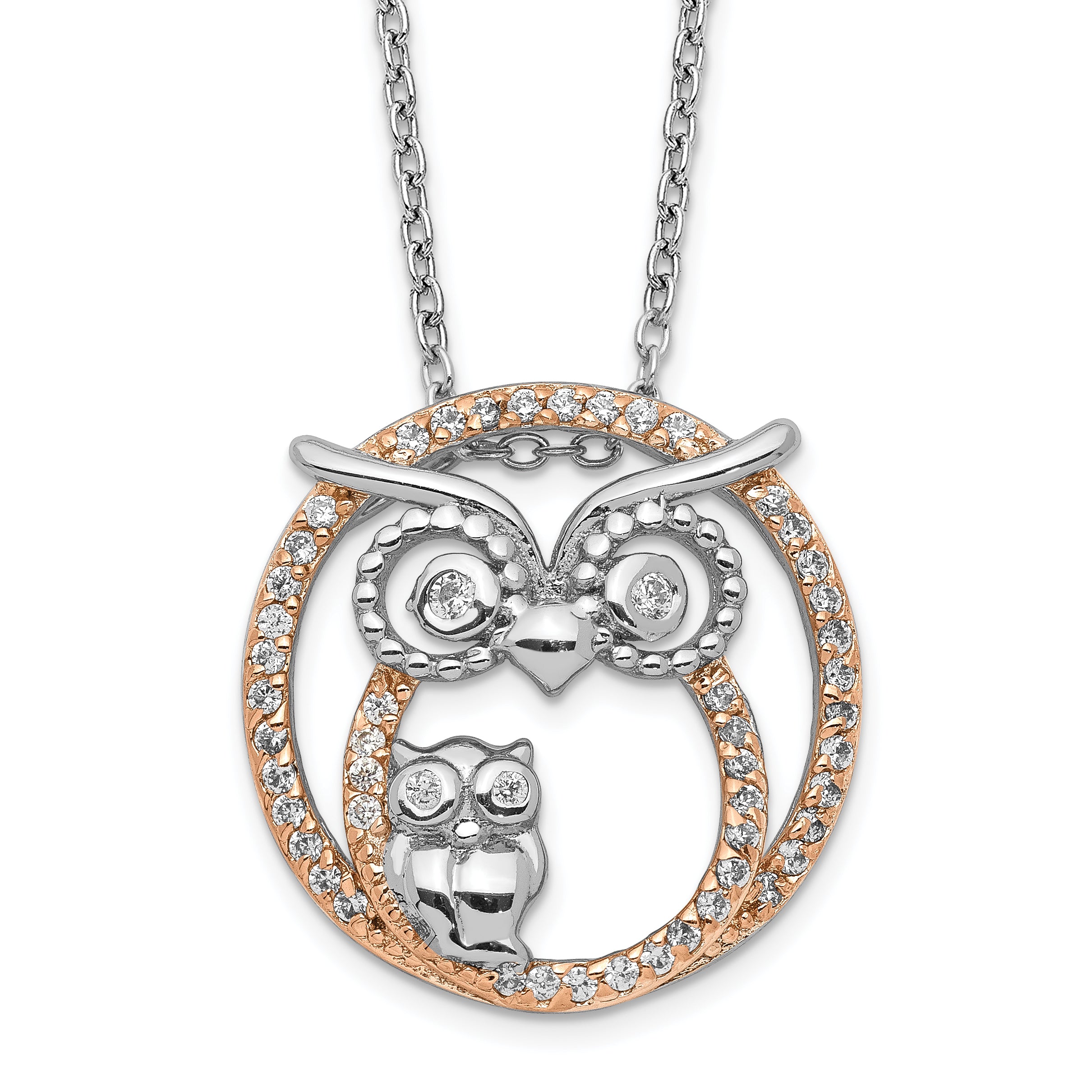 Cheryl M Sterling Silver Rhodium-plated and Rose Gold-plated Brilliant-cut CZ Owls Circle 18.25 Inch Necklace