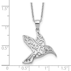 Sterling Silver CZ Hummingbird Necklace with Rhodium-Plated Finish