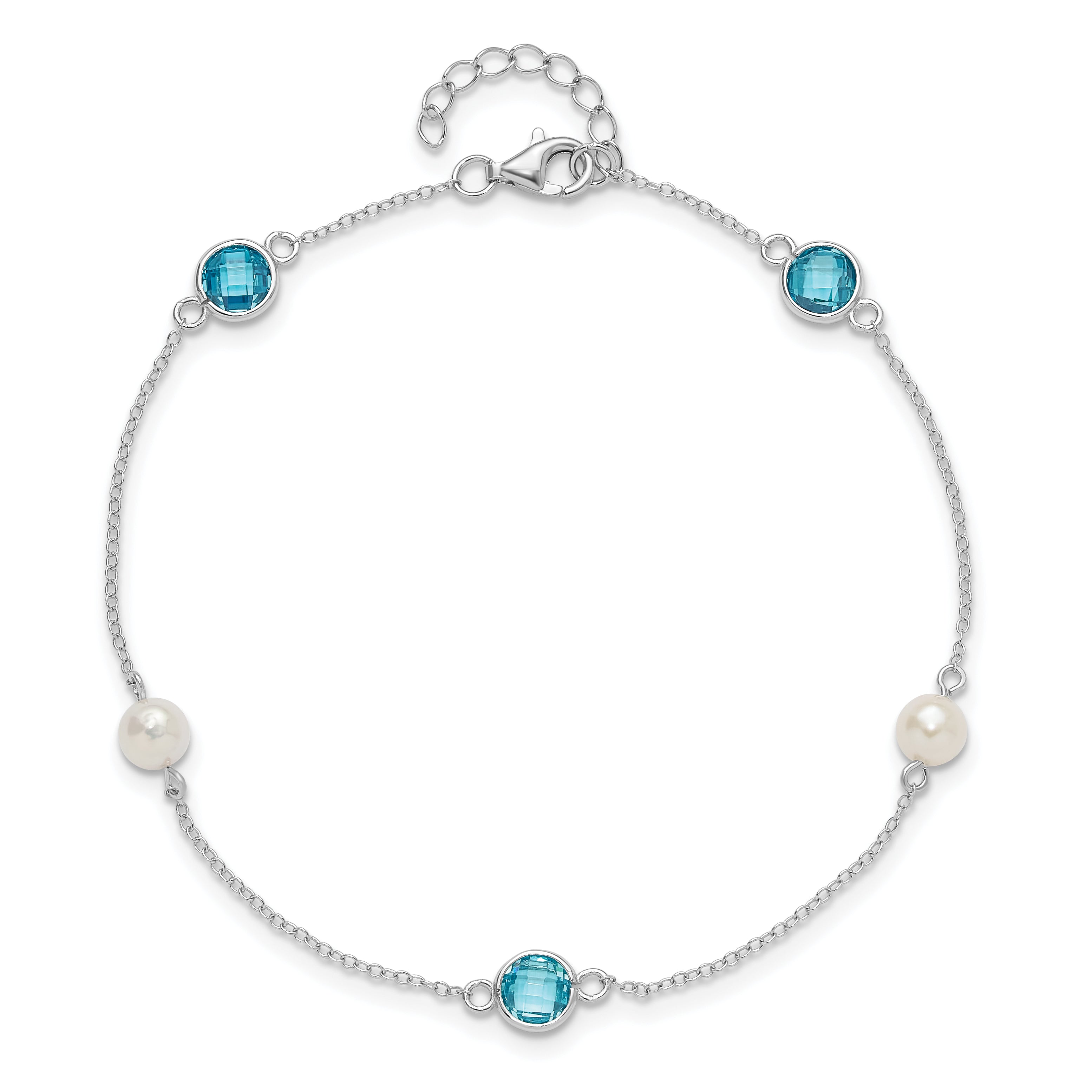 Cheryl M Sterling Silver Rhodium-plated Blue Double Pineapple-cut CZ & White Freshwater Cultured Pearl 5 Station 9 Inch Anklet with 1 Inch Extender