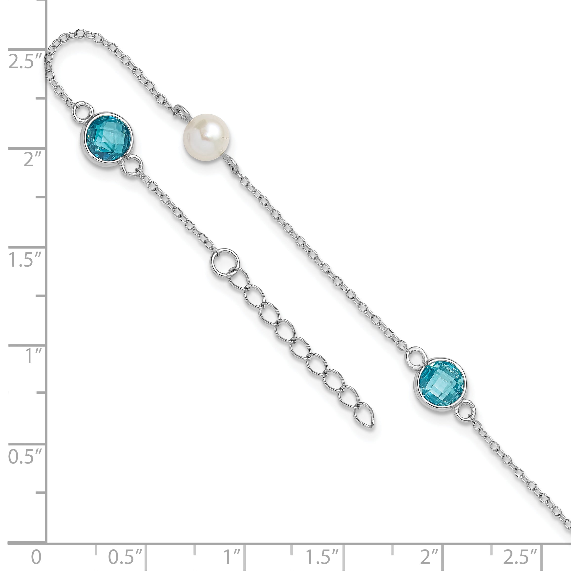 Cheryl M Sterling Silver Rhodium-plated Blue Double Pineapple-cut CZ & White Freshwater Cultured Pearl 5 Station 9 Inch Anklet with 1 Inch Extender