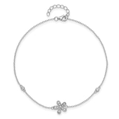 Cheryl M Sterling Silver Rhodium-plated Brilliant-cut CZ Flower 9 Inch Anklet with 1 Inch Extender