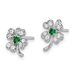 Cheryl Sterling Silver Rhodium-Plated Four Leaf Clover Earrings with Green Glass and CZ
