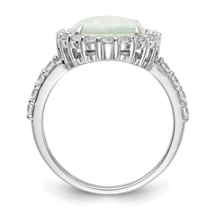 Cheryl M Sterling Silver Rhodium-plated Cabochon Lab Created Opal and Brilliant-cut CZ Halo Ring