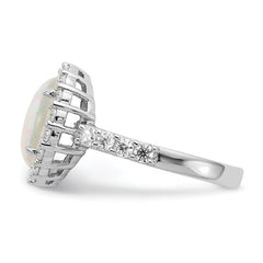 Cheryl M Sterling Silver Rhodium-plated Cabochon Lab Created Opal and Brilliant-cut CZ Halo Ring