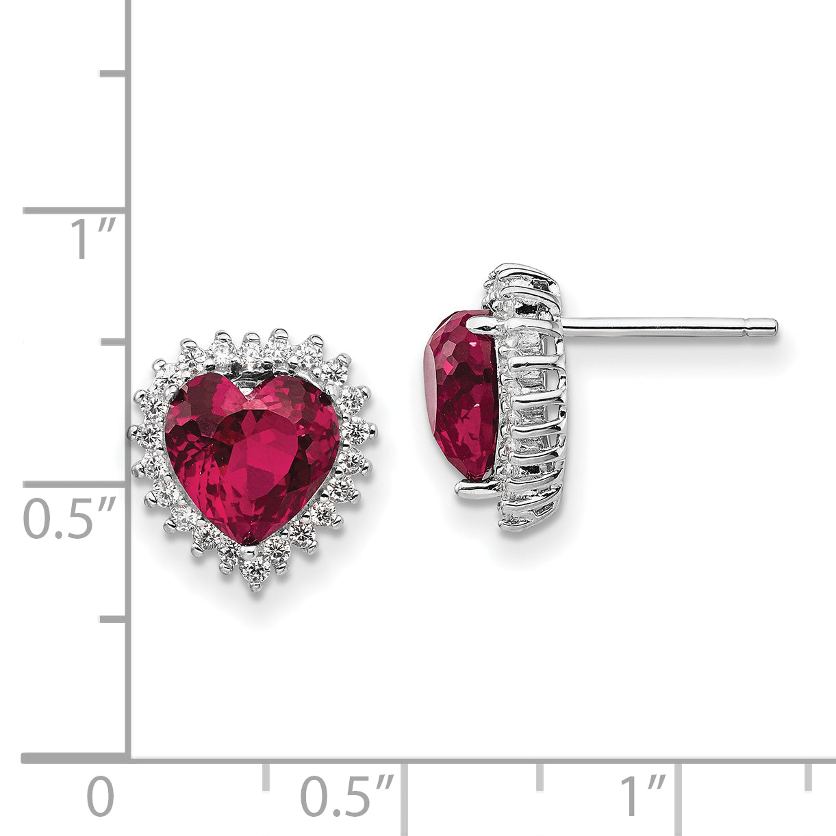 Cheryl M Sterling Silver Rhodium-plated 100 Facet Lab Created Ruby and Brilliant-cut White CZ Heart Halo Post Earrings