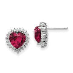 Cheryl M Sterling Silver Rhodium-plated 100 Facet Lab Created Ruby and Brilliant-cut White CZ Heart Halo Post Earrings