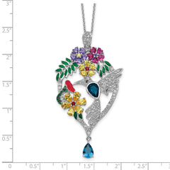 Cheryl M Sterling Silver Rhodium-plated Enameled Multicolor Brilliant-cut Glass and CZ Floral Hummingbird 18 Inch Necklace