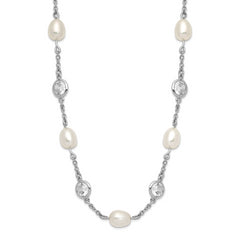 Cheryl M Sterling Silver Rhodium-plated Freshwater Cultured Pearl and Brilliant-cut CZ Bezel Station 36 Inch Necklace