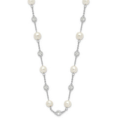 Cheryl M Sterling Silver Rhodium-plated Glass Pearl and Brilliant-cut CZ Bezel Station 36 Inch Necklace