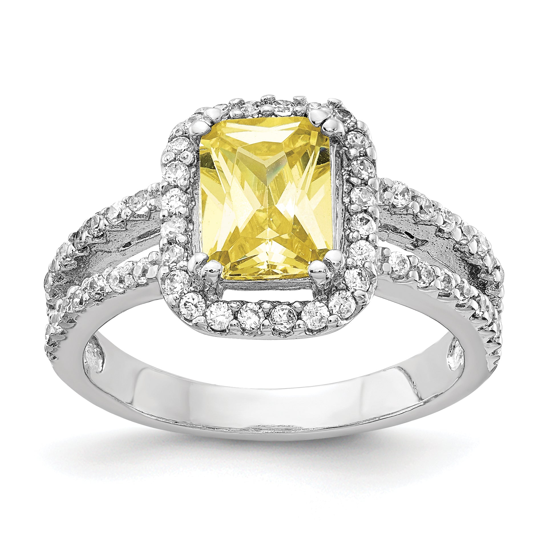 Cheryl M Sterling Silver Rhodium-plated Fancy Yellow Elongated Cushion-cut and White Brilliant-cut CZ Halo Ring