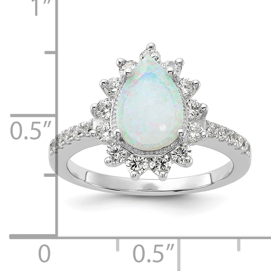 Cheryl M Sterling Silver Rhodium-plated Cabochon Lab Created Opal and Brilliant-cut CZ Teardrop Halo Ring