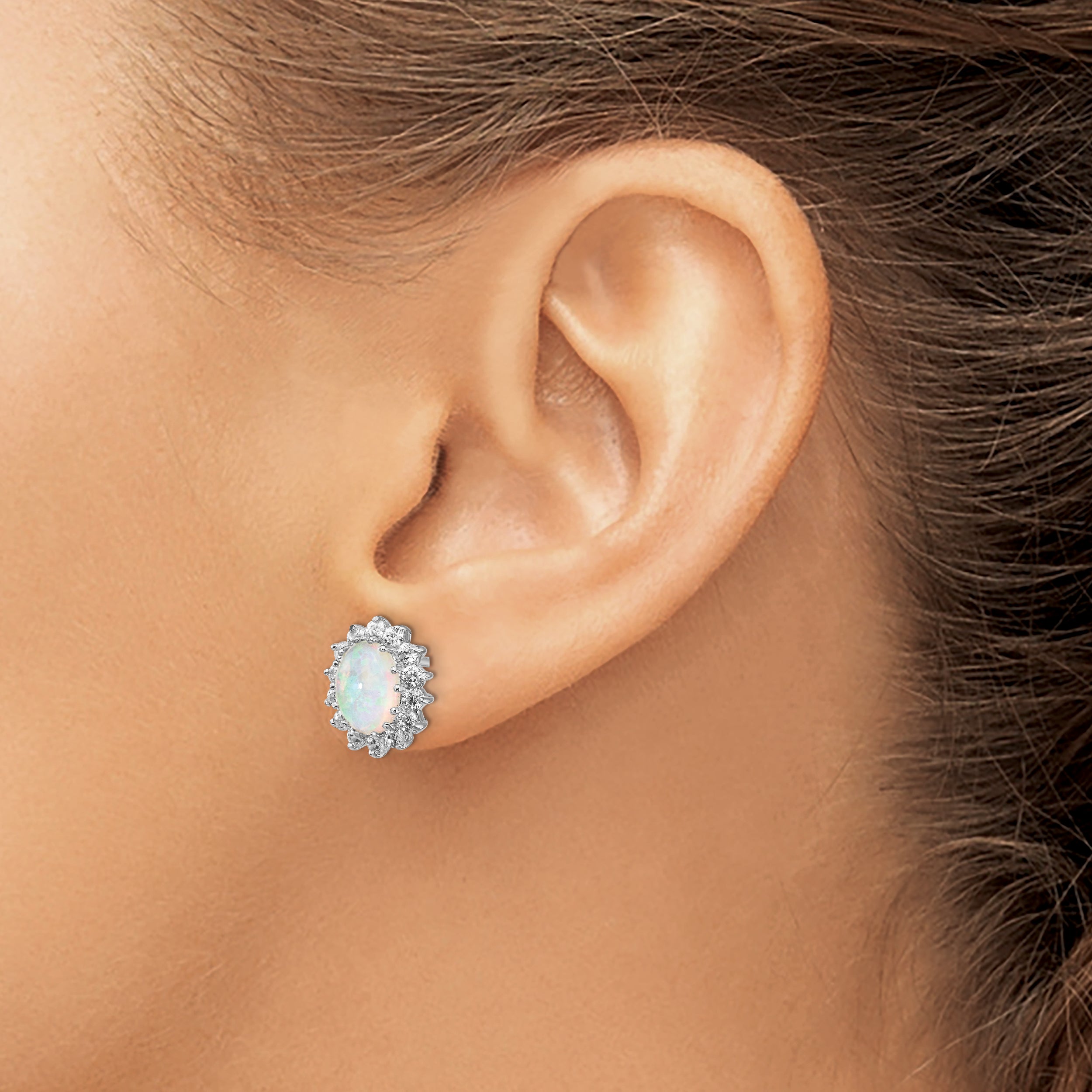 Cheryl M Sterling Silver Rhodium-plated Cabochon Lab Created Opal and Brilliant-cut CZ Oval Halo Post Earrings
