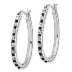 Sterling Silver Platinum-Plated Black & White Diamond Hoop Earrings Sophisticated Hinged Design