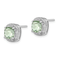 Sterling Silver 925 Green Quartz and Diamond Earrings with Rhodium Finish