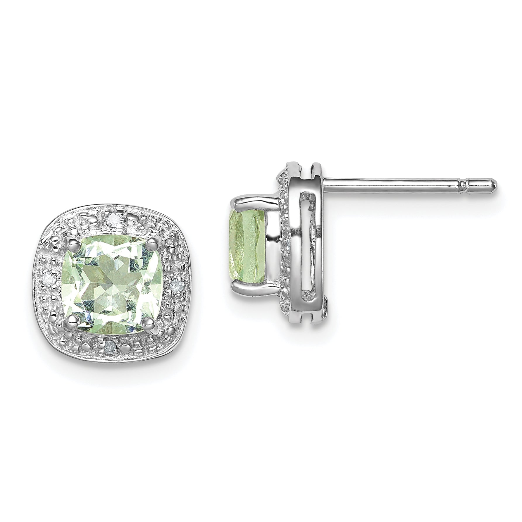 Sterling Silver Rhodium Plated Green Quartz and Diamond Earrings