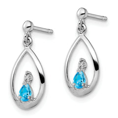 Sterling Silver Swiss Blue Topaz and Diamond Drop Earrings Rhodium-Plated, Polished Finish.